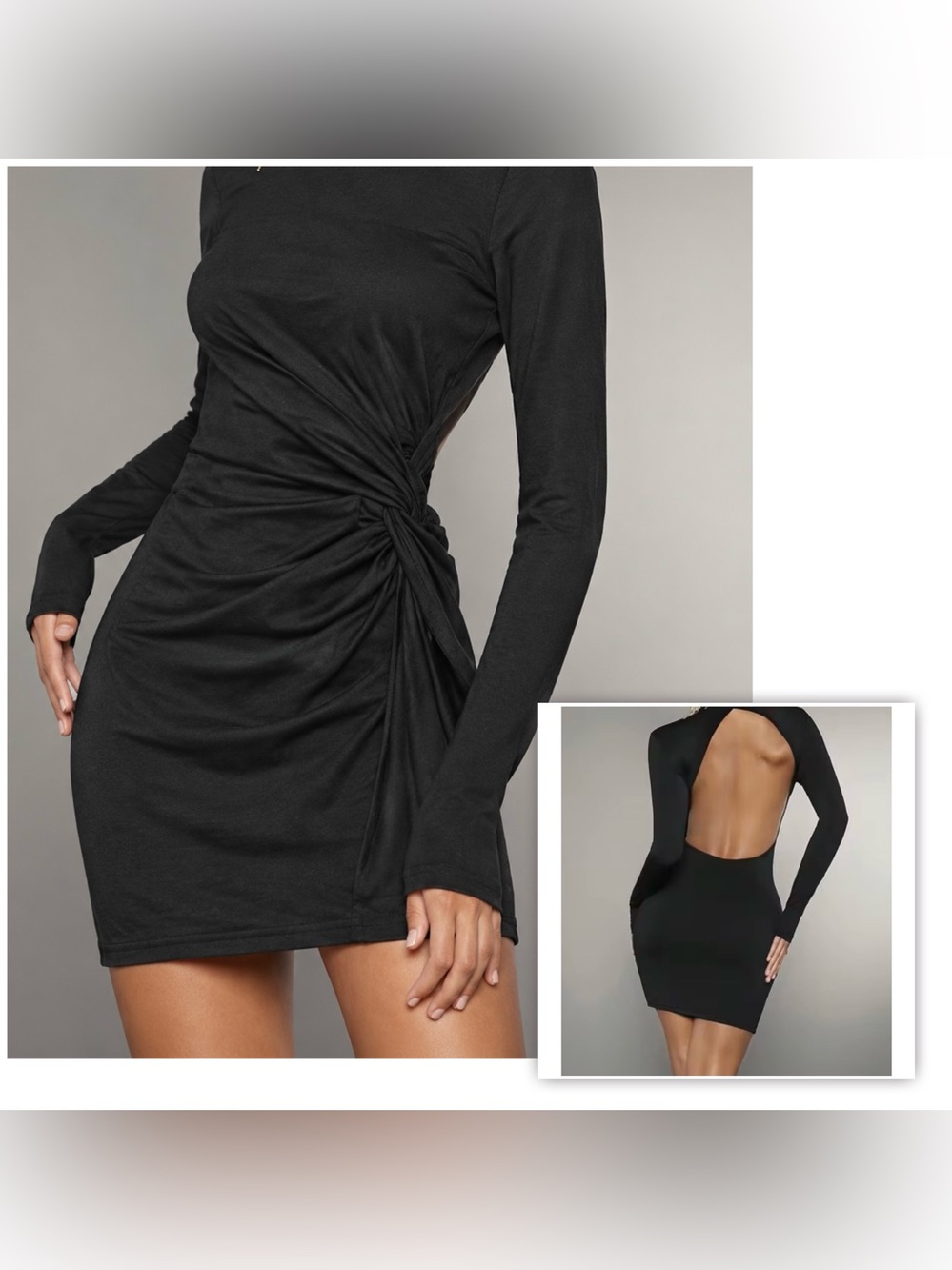 Open Back Bodycon Mini Dress Long Sleeves Black